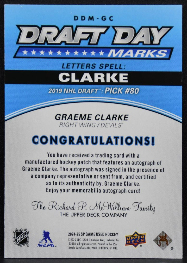2024-25 SP Game Used Draft Day Marks Clarke DDM-GC Devils RC Auto 21/35 6993