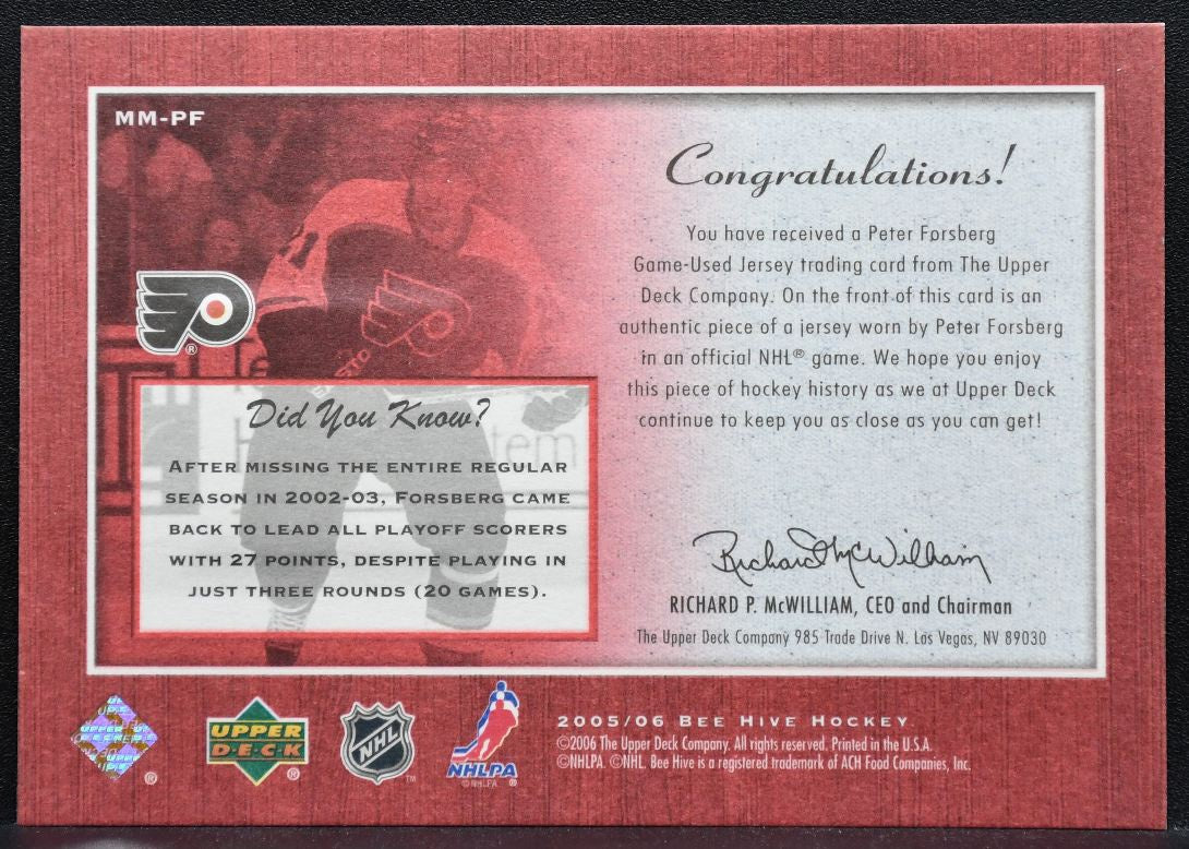 2005-06 Upper Deck Beehive Matted Materials Peter Forsberg Flyers Jersey 0257