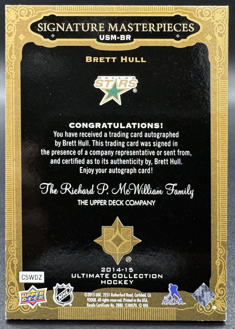 Carte autographiée Brett Hull des Stars de Dallas, Collection Ultimate 2014-2015, Signature Masterpieces
