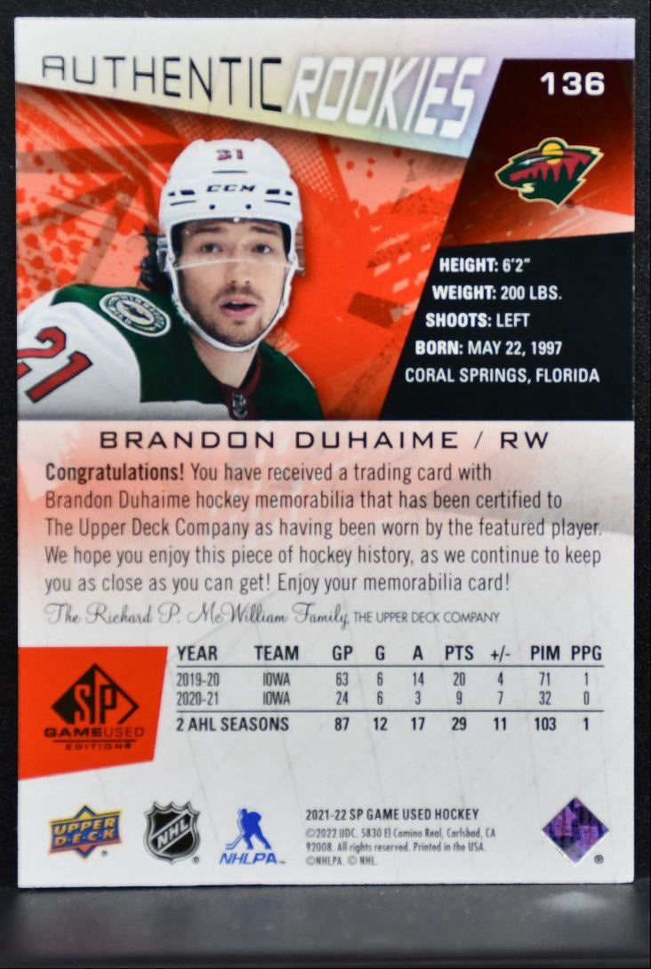 2021-22 SP Game Used Red Jersey Brandon Duhaime Minnesota Wild RC Jersey 2530