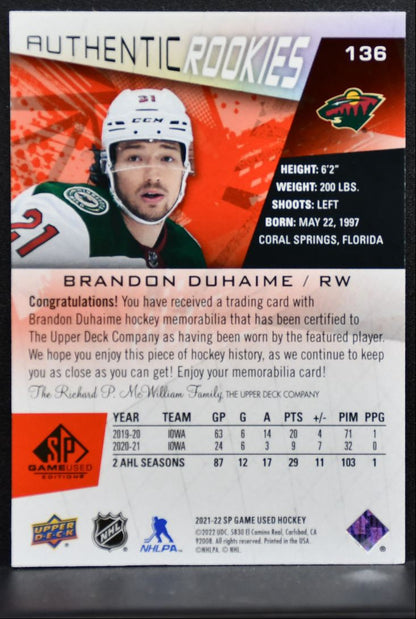 2021-22 SP Game Used Red Jersey Brandon Duhaime Minnesota Wild RC Jersey 2530