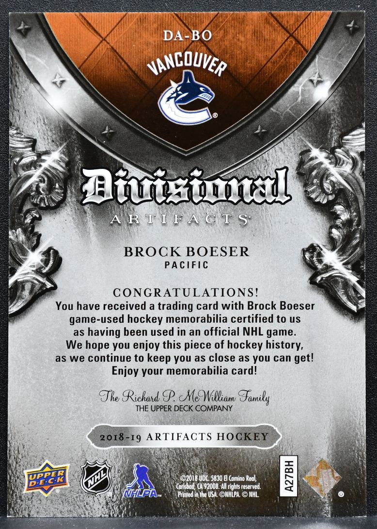 2018-19 Upper Deck Artifacts Divisional Brock Boeser DA-BO Canucks Jersey 4775