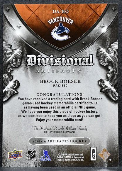 2018-19 Upper Deck Artifacts Divisional Brock Boeser DA-BO Canucks Jersey 4775