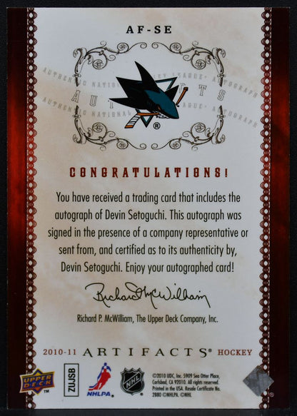 2010-11 Upper Deck Artifacts Autofacts Devin Setoguchi AF-SE Sharks Auto 9246