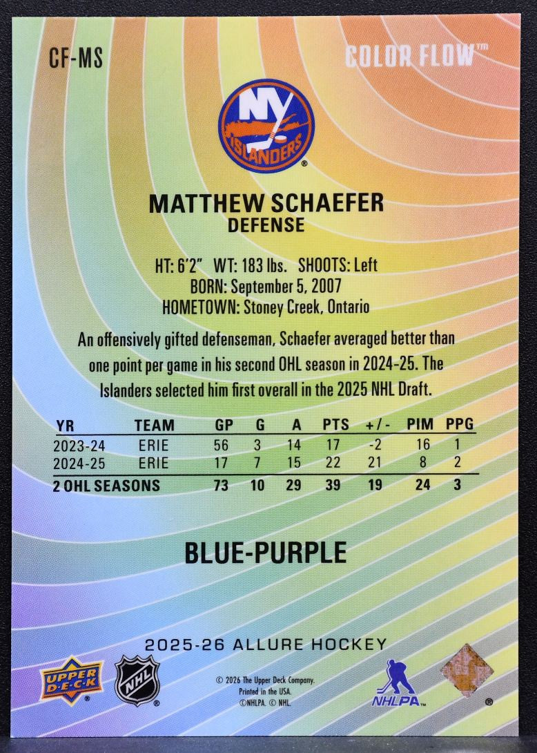 2025-26 UD Allure Rookie Color Flow Blue-Purple Schaefer Islanders RC 9096