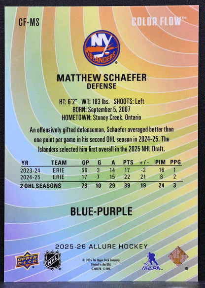 2025-26 UD Allure Rookie Color Flow Blue-Purple Schaefer Islanders RC 9096