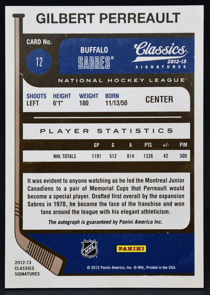 Carte autographiée Gilbert Perreault 12 de la collection Panini Classics Signatures 2012-13