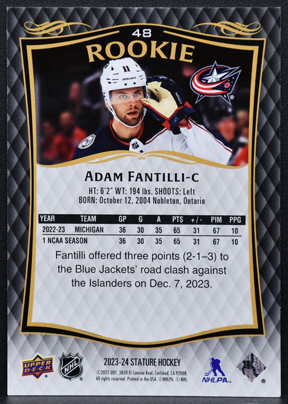 2023-24 UD Stature Rookie Adam Fantilli 48 Columbus Blue Jackets RC 143/999 8198