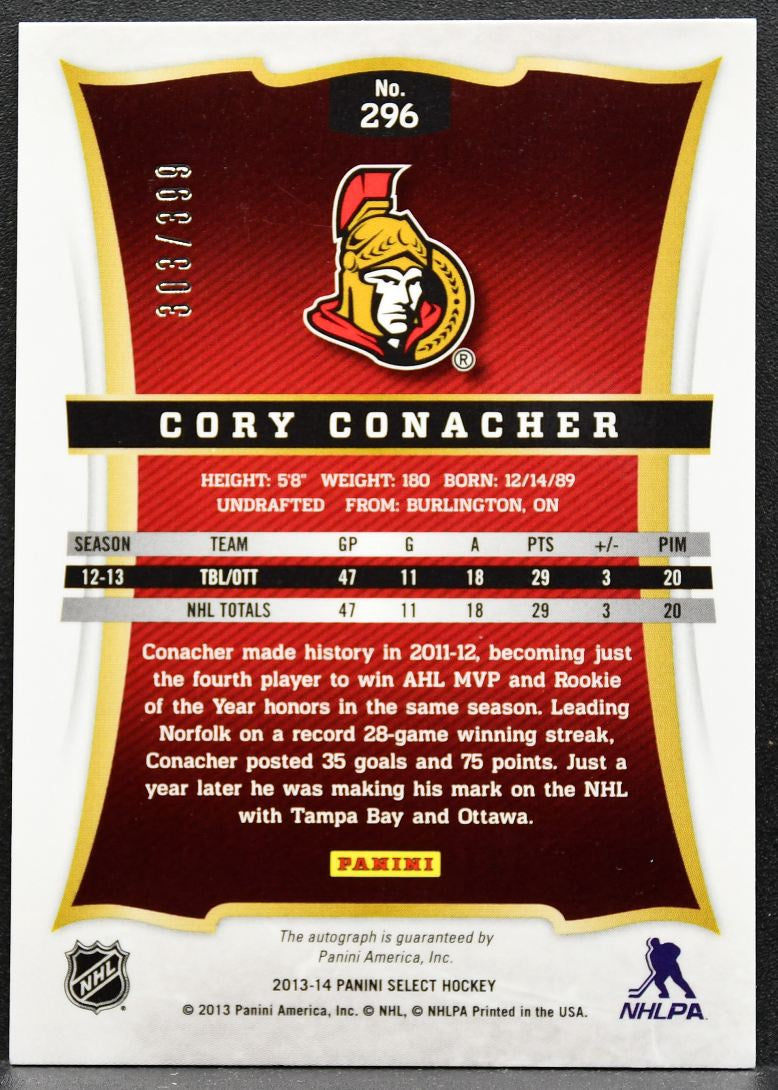 2013-14 Panini Select Rookie Auto Cory Conacher Senators RC Auto 303/399 8991