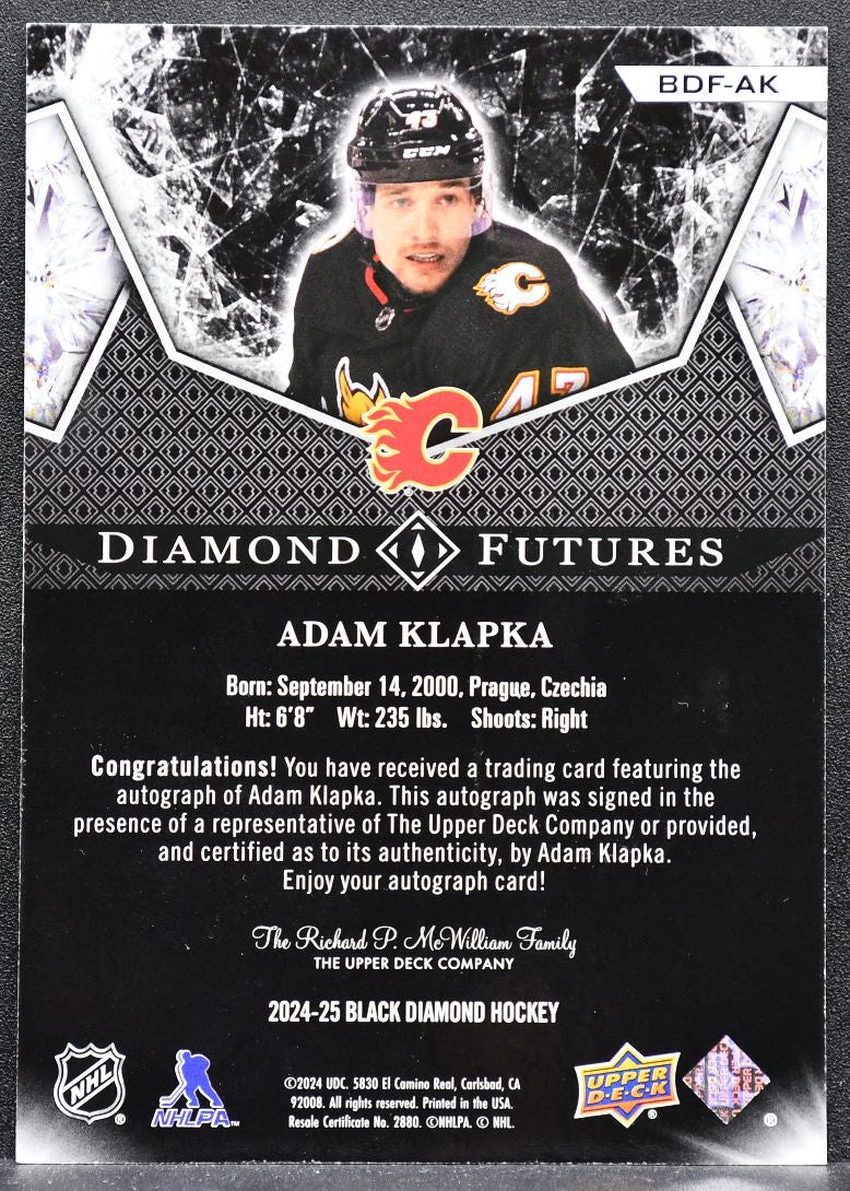 2024-25 UD Black Diamond Futures Auto Adam Klapka Flames RC Auto 88/99 3970