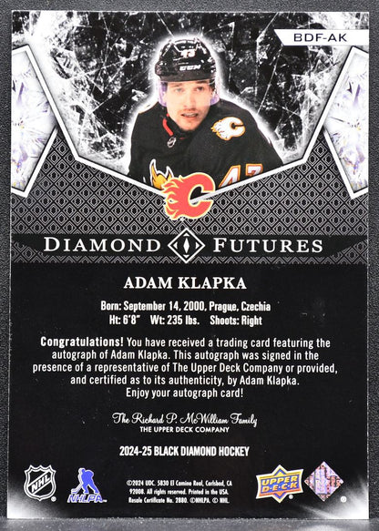 2024-25 UD Black Diamond Futures Auto Adam Klapka Flames RC Auto 88/99 3970