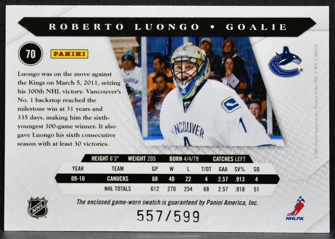 2010-11 Panini Luxury Suite Jersey Roberto Luongo 70 Canucks 557/599 Jersey 2792