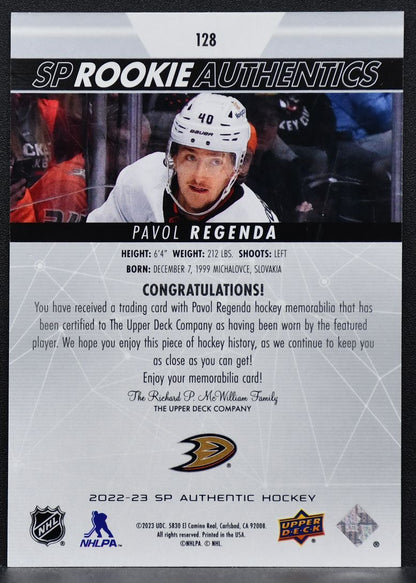 2022-23 SP Rookie Authentics Jersey Pavol Regenda 128 Anaheim Ducks RC Jersey 7437