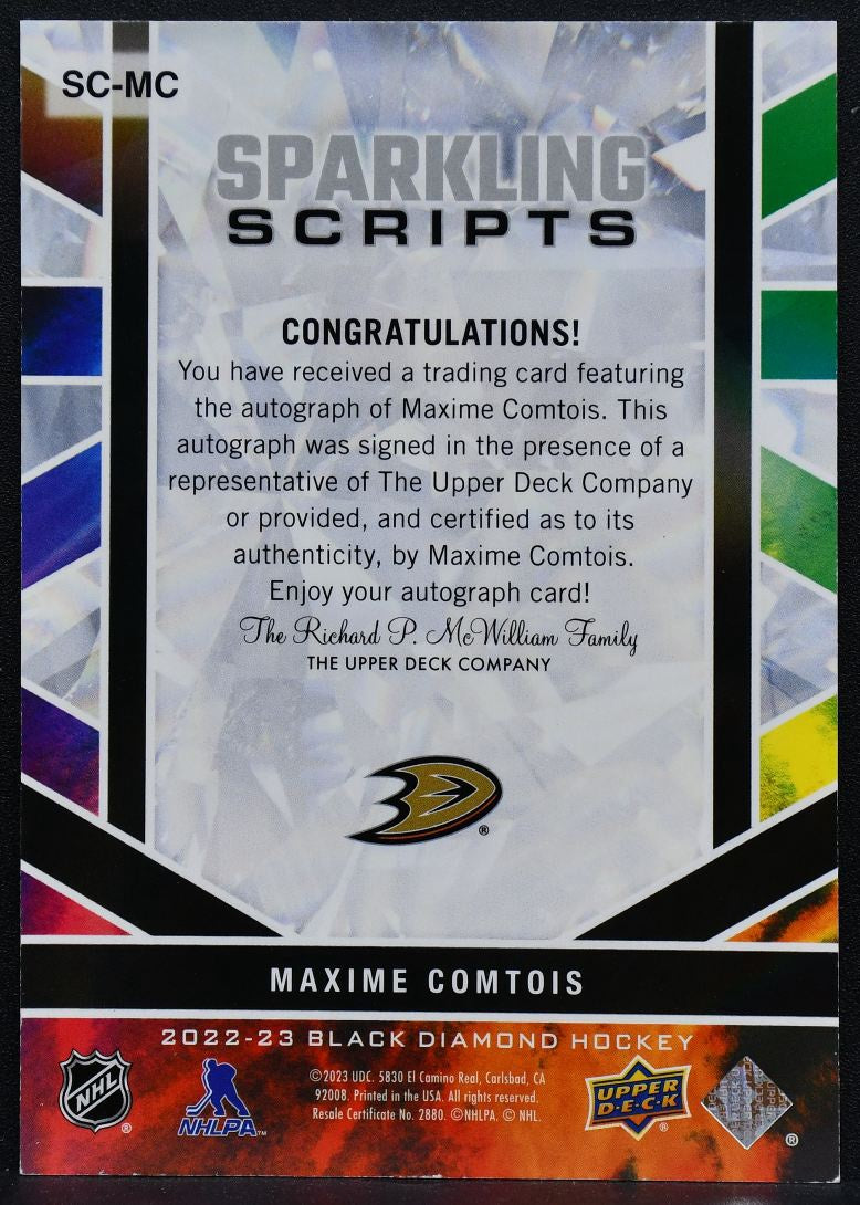 2022-23 UD Black Diamond Sparkling Scripts Maxime Comtois SC-MC Ducks Auto 1288