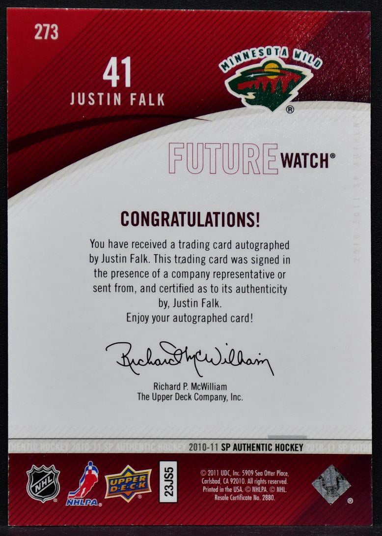 2010-11 SP Authentic Future Watch Auto Justin Faulk 273 Minnesota RC Auto /999