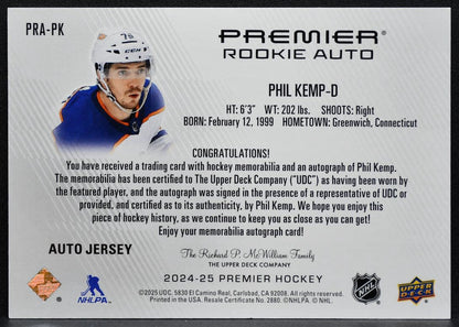 2024-25 UD Premier Rookie Auto Jersey Phil Kemp Oilers Auto 44/99 Jersey 7972