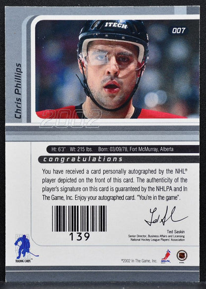 2002-03 In The Game Signature Series Chris Phillips 007 Senators Auto 0231