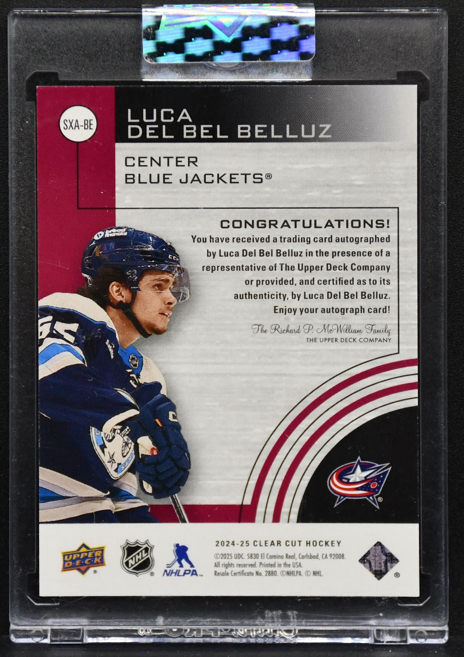 24-25 UD Clear Cut SPx Citement Del Bel Belluz SXA-BE Columbus Blue Jackets Auto 5662
