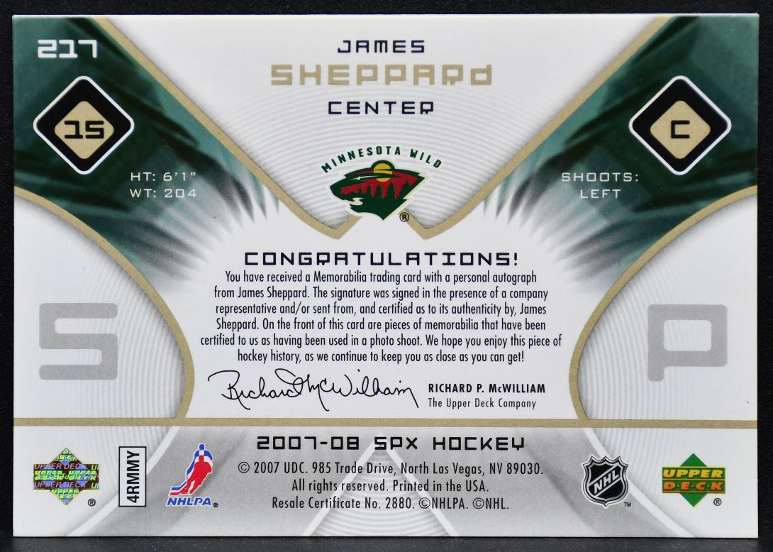 2007-08 SPx Rc Auto Jersey James Sheppard 217 Wild RC Auto 254/999 Jersey 5712
