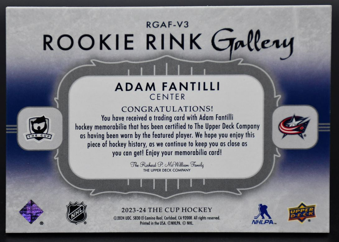 2023-24 UD The Cup Adam Fantilli RGAF-V3 Columbus Blue Jackets RC 13/35 Patch