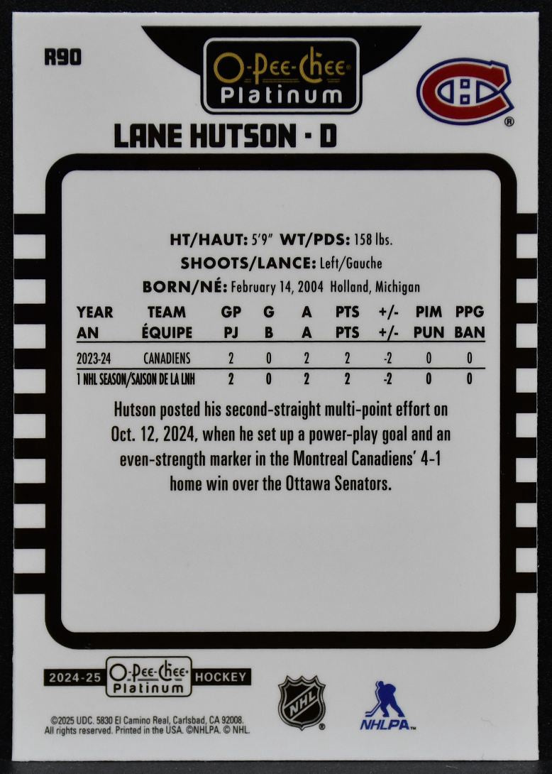 2024-25 O-Pee-Chee Platinum Retro Rookie Lane Hutson R90 Canadiens RC 6825