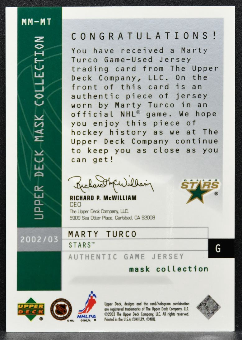 2002-03 Upper Deck Mask Collection Masked Marvels Marty Turco Stars Jersey 2655