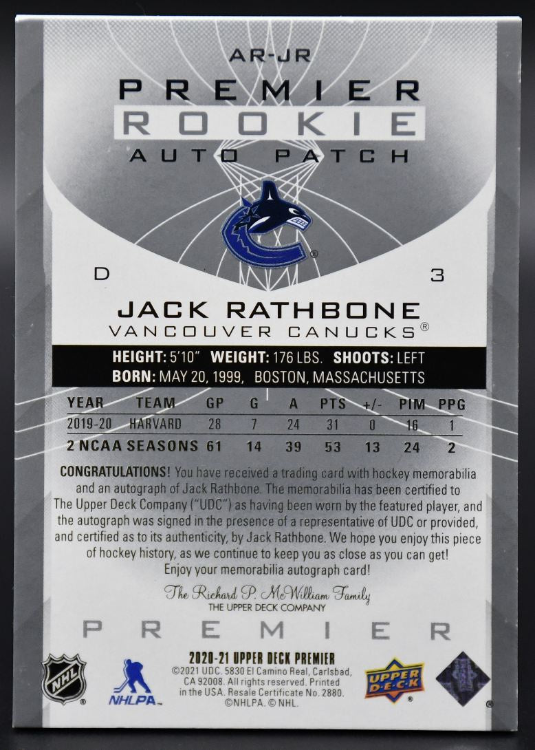 2020-21 UD Premier Jack Rathbone AR-JR Vancouver Canucks RC Auto 045/249 Patch