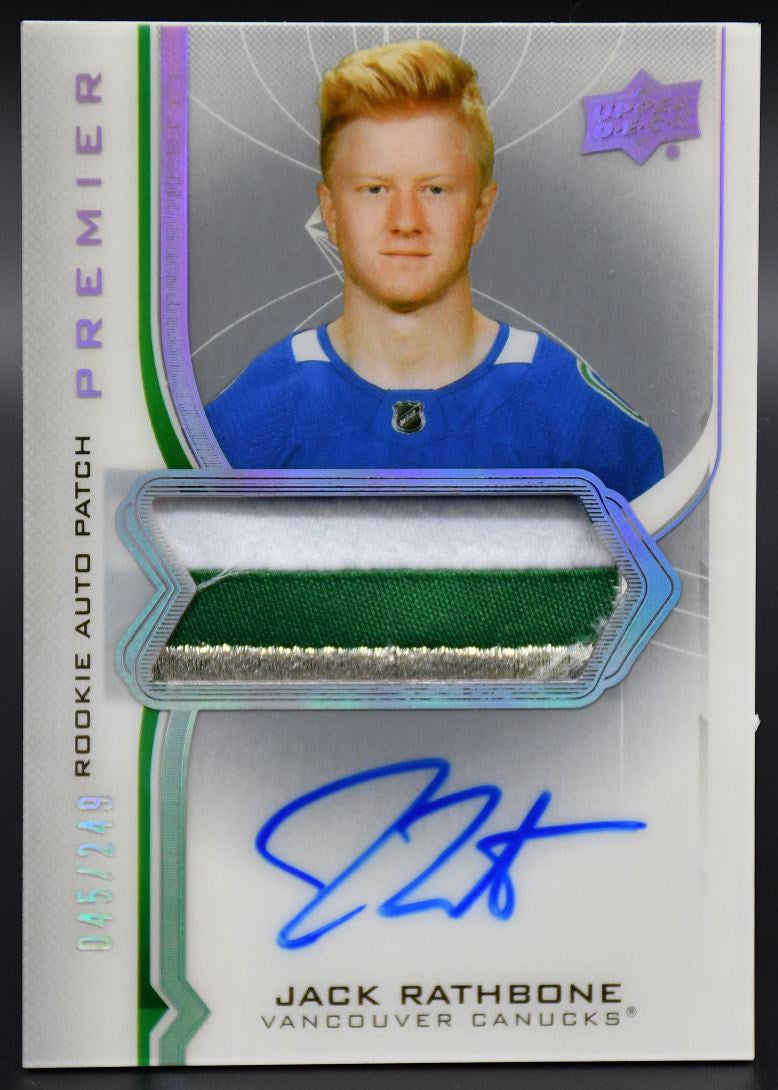 2020-21 UD Premier Jack Rathbone AR-JR Vancouver Canucks RC Auto 045/249 Patch