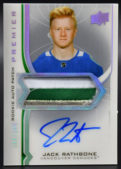 2020-21 UD Premier Jack Rathbone AR-JR Vancouver Canucks RC Auto 045/249 Patch