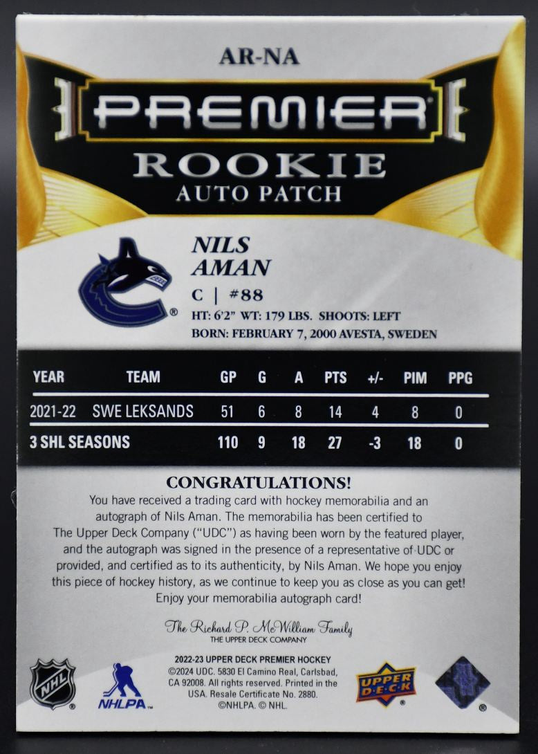 2022-23 UD Premier Nils Aman AR-NA Vancouver Canucks RC Auto 01/65 Patch