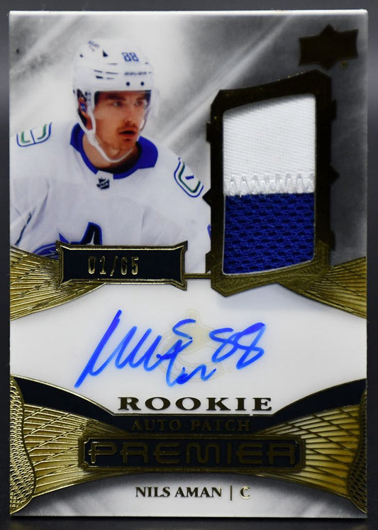 2022-23 UD Premier Nils Aman AR-NA Vancouver Canucks RC Auto 01/65 Patch