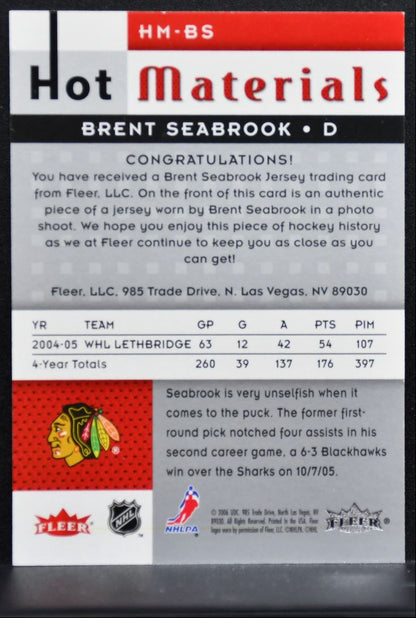2005-06 Fleer Hot Prospects Materials Brent Seabrook Blackhawks Jersey 2578