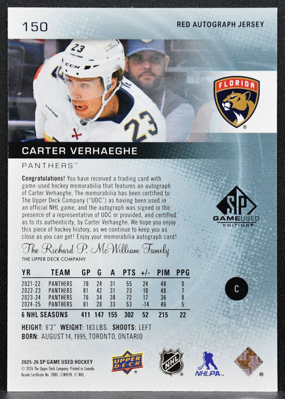 2025-26 SP Game Used Red Autograph Carter Verhaeghe Panthers Auto Jersey 6040