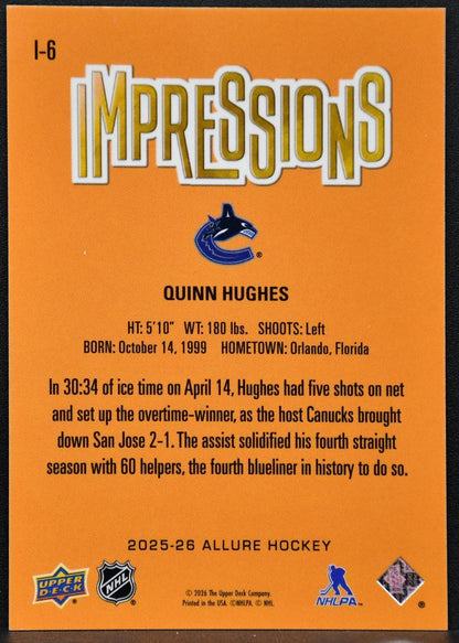 2025-26 Upper Deck Allure Impressions Quinn Hughes I-6 Vancouver Canucks 1425