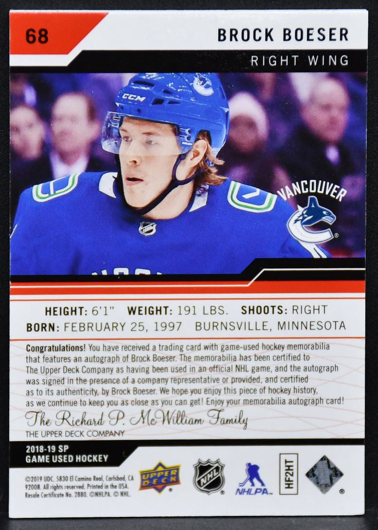 2018-19 SP Game Used Base Auto Patch Brock Boeser 68 Auto 2/5 Patch