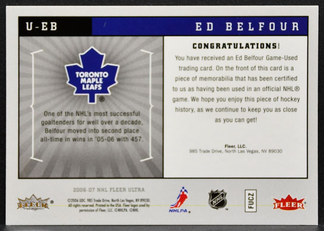 2006-07 Fleer Ultra Ultra Uniformity Ed Belfour U-EB Maple Leafs Jersey 3042