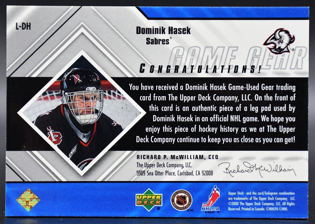 2000-01 UD Black Diamond Game Gear Dominik Hasek L-DH Pads