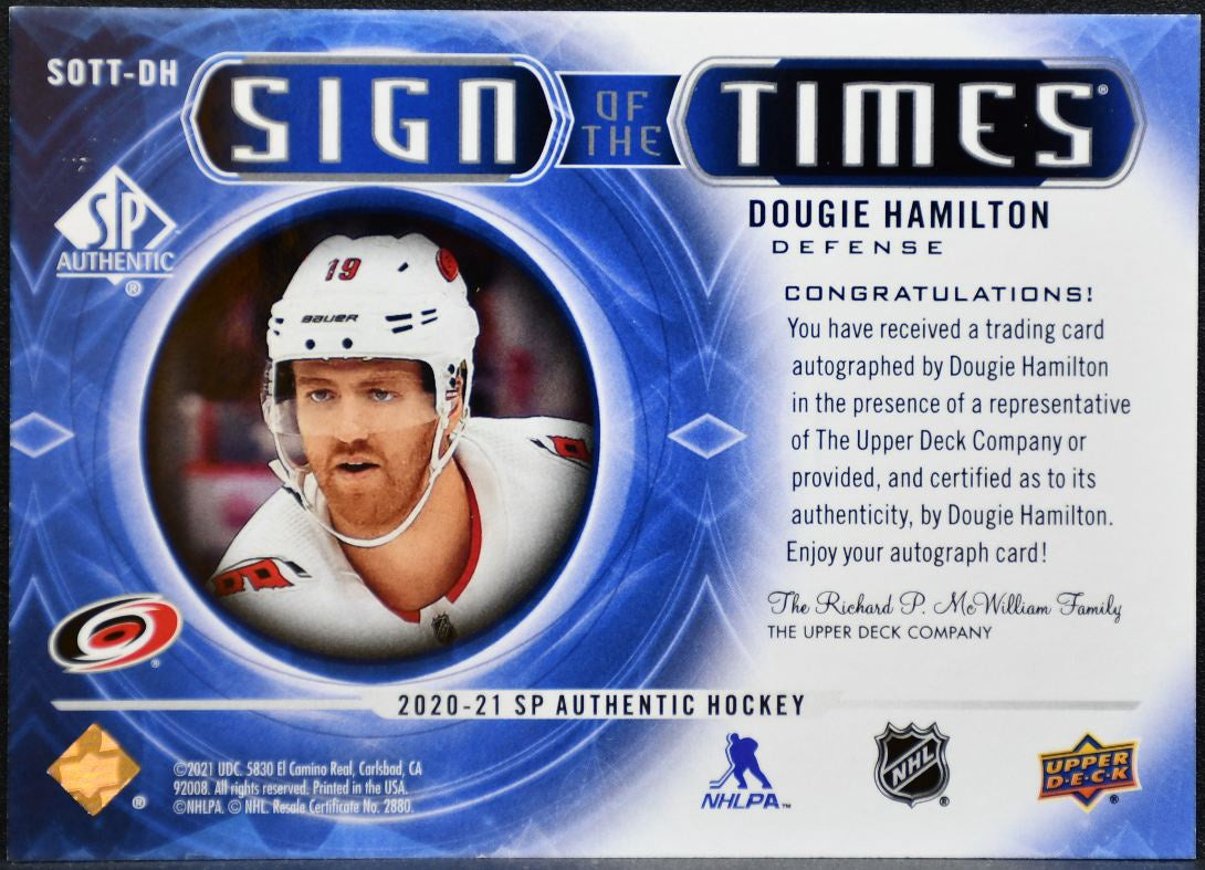 2020-21 SP Authentic Sign of the Times Dougie Hamilton Hurricanes Auto 3741