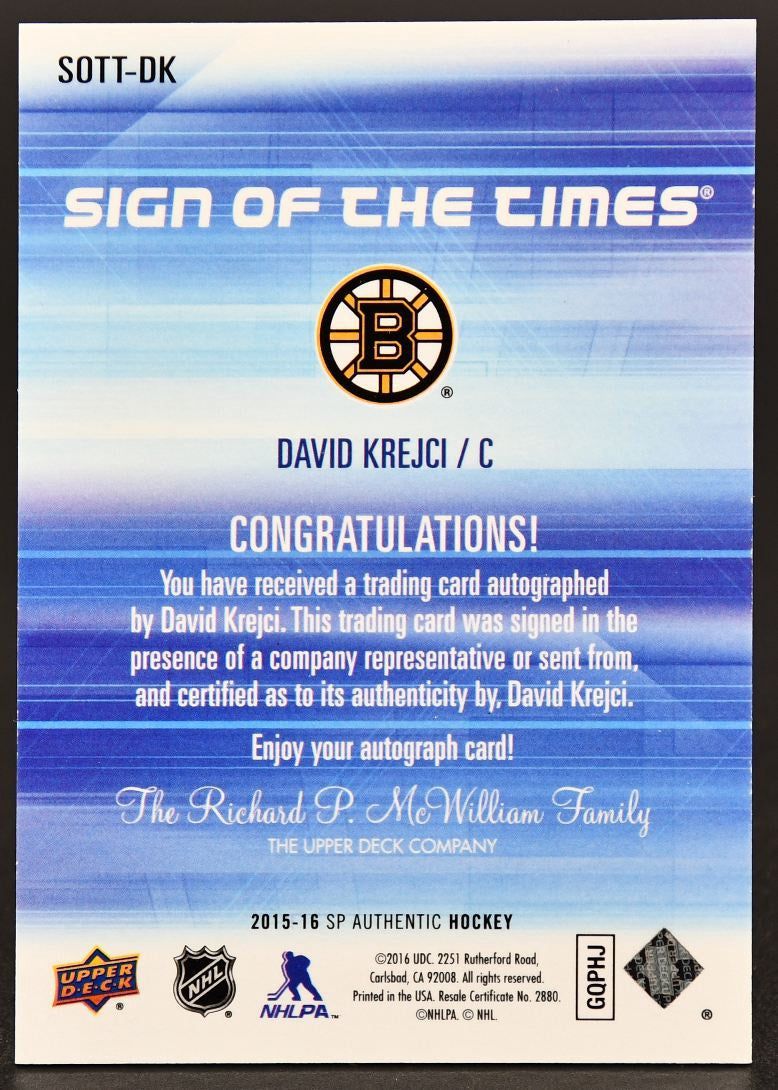 2015-16 SP Authentic Updates David Krejci SOTT-DK Boston Bruins Auto