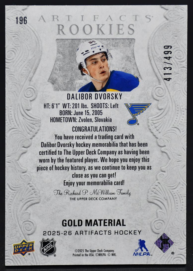2025-26 UD Artifacts Rookies Gold Materials Dvorsky 196 RC 413/499 Jersey