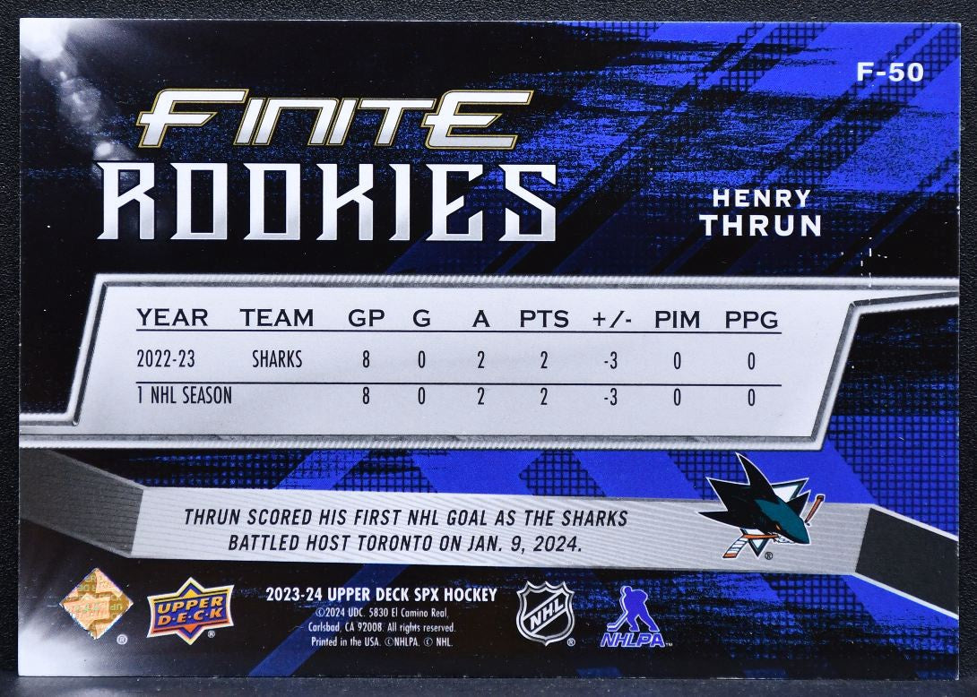2023-24 SPx Finite Rookies Gold Henry Thrun F-50 San Jose Sharks RC 282/399 1600