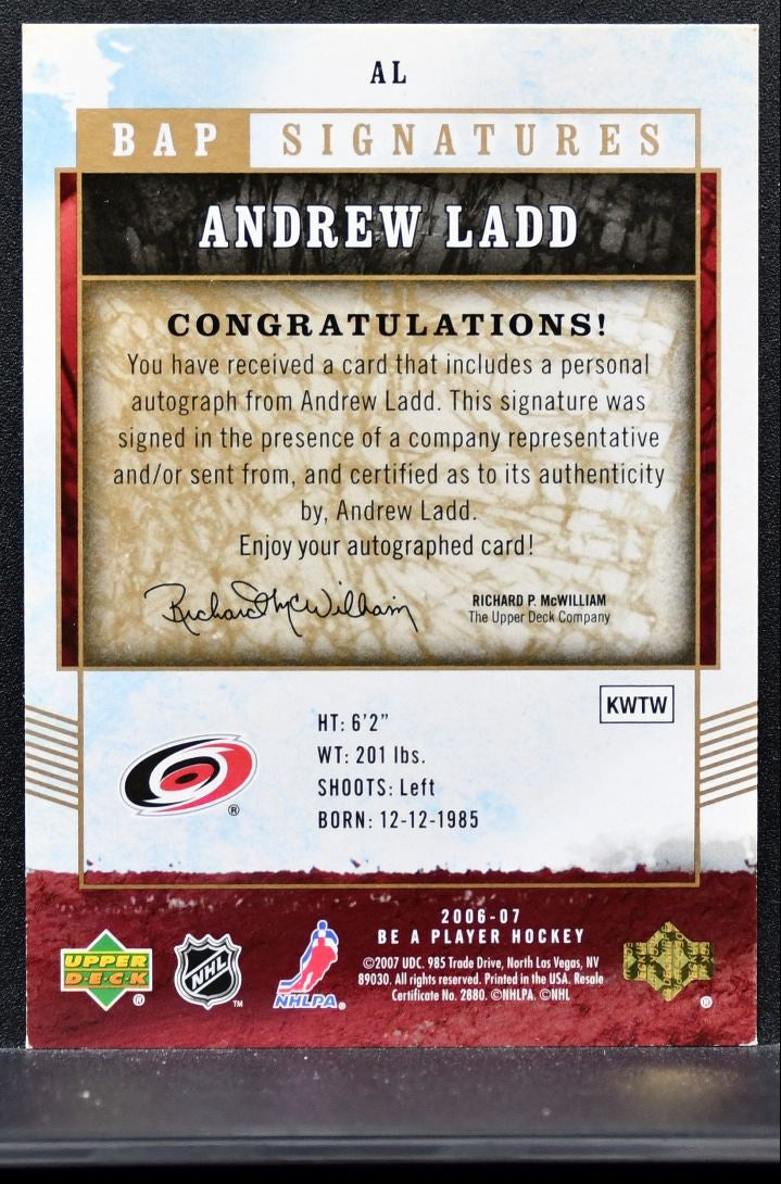 2006-07 Upper Deck Be A Player Signatures Andrew Ladd AL Hurricanes Auto 0246