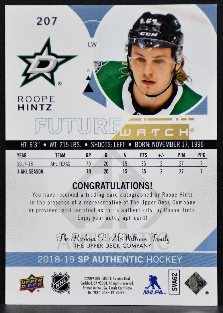 18-19 SP Authentic Future Watch Auto Roope Hintz 207 Dallas Stars RC Auto /999 5945