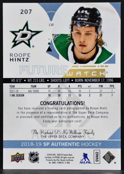 18-19 SP Authentic Future Watch Auto Roope Hintz 207 Dallas Stars RC Auto /999 5945