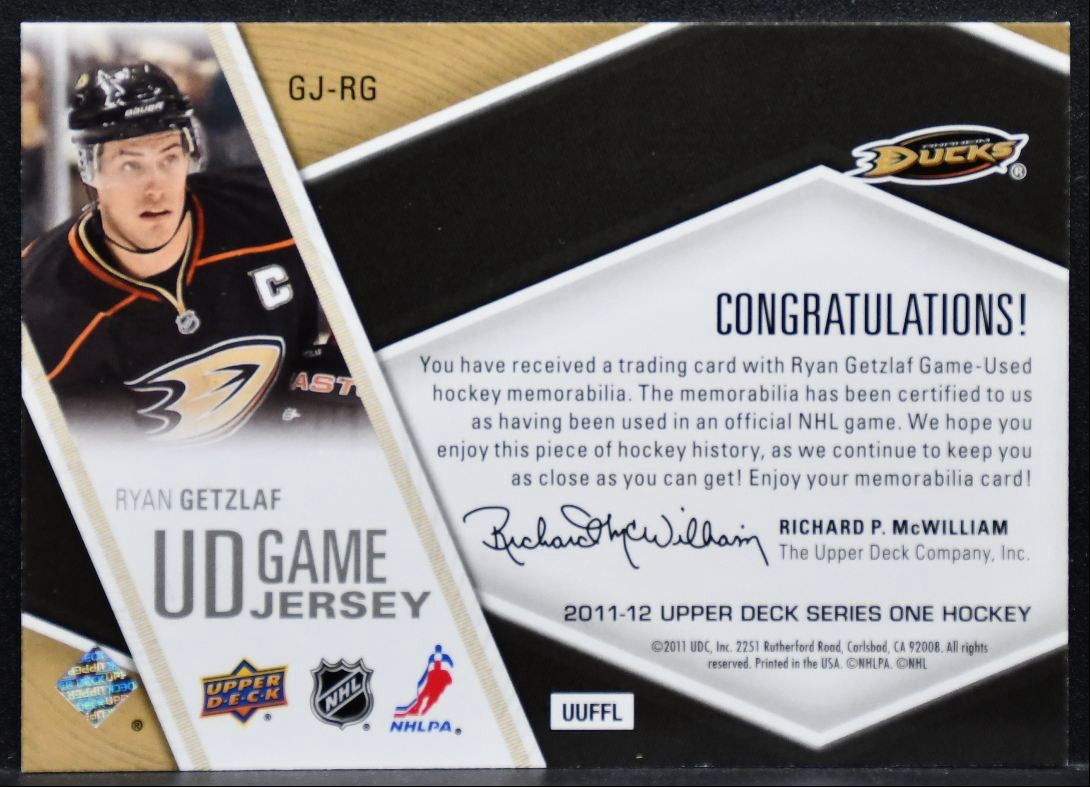 2011-12 UD Series 1 UD Game Jerseys Ryan Getzlaf GJ-RG Mighty Ducks Jersey 4718
