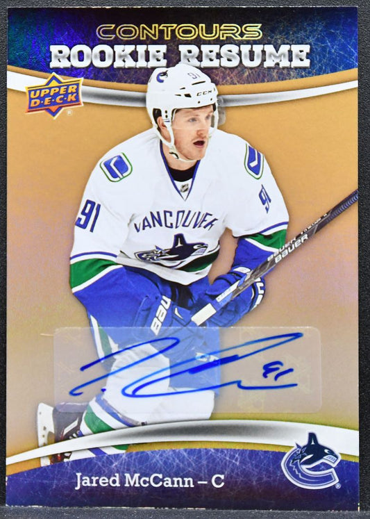 2015-16 UD Contours Rookie Resume Gold Rainbow Jared McCann RC Auto 0352