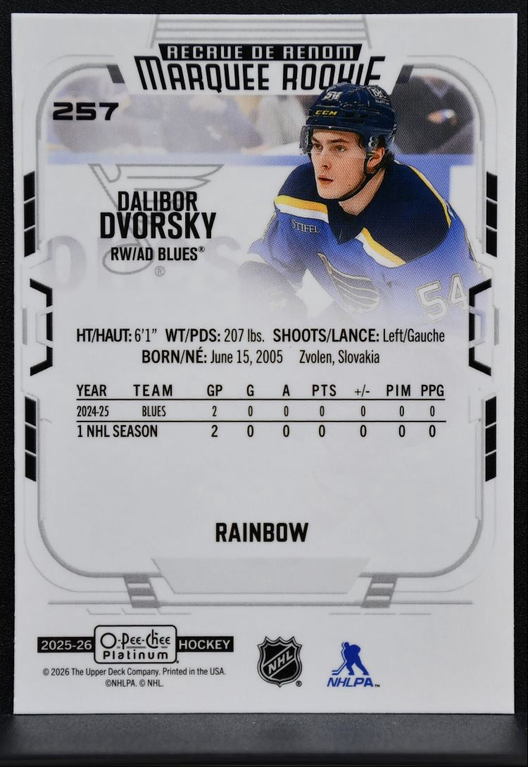 2025-26 O-Pee-Chee Platinum Marquee Rookie Rainbow Dalibor Dvorsky Blues RC 3765