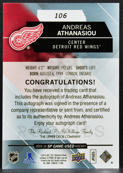 2015-16 SP Game Used Authentic Rookies Andreas Athanasiou Red Wings RC Auto 9080
