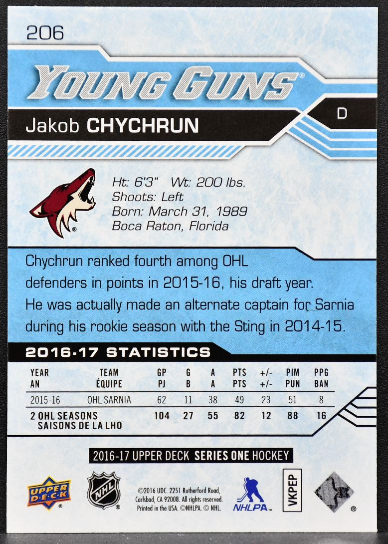 2016-17 Upper Deck Series 1 Young Guns Jakob Chychrun 206 RC 2101