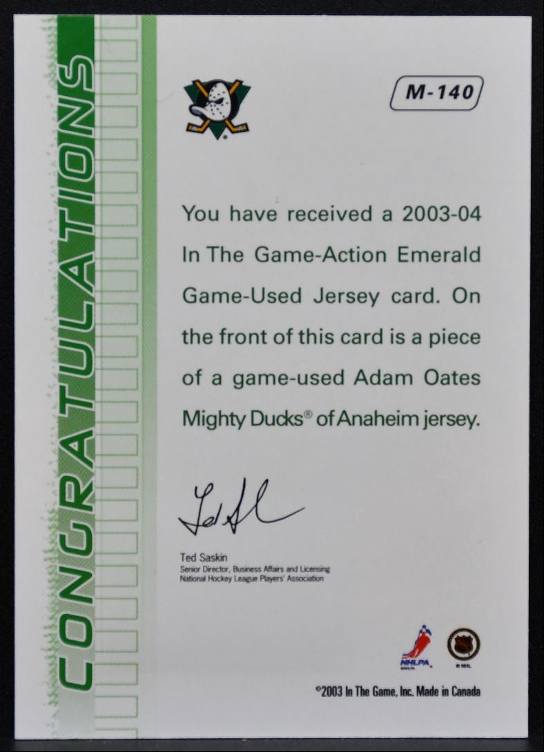 2003-04 In The Game Action Jerseys Adam Oates Anaheim Mighty Ducks Jersey 5210